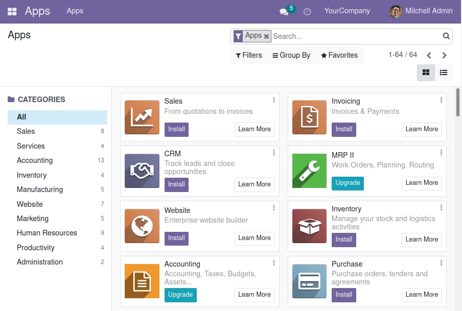 Screenshot of Odoo's Apps dashboard with a list of available modules that can be enabled