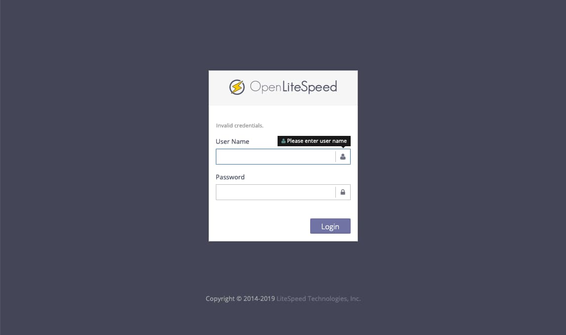 captura de pantalla de la página de inicio de sesión de administrador de OpenLiteSpeed