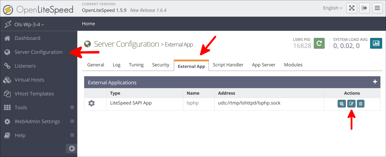 Page de configuration du serveur