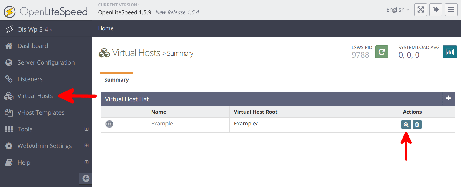 Virtual Hosts page