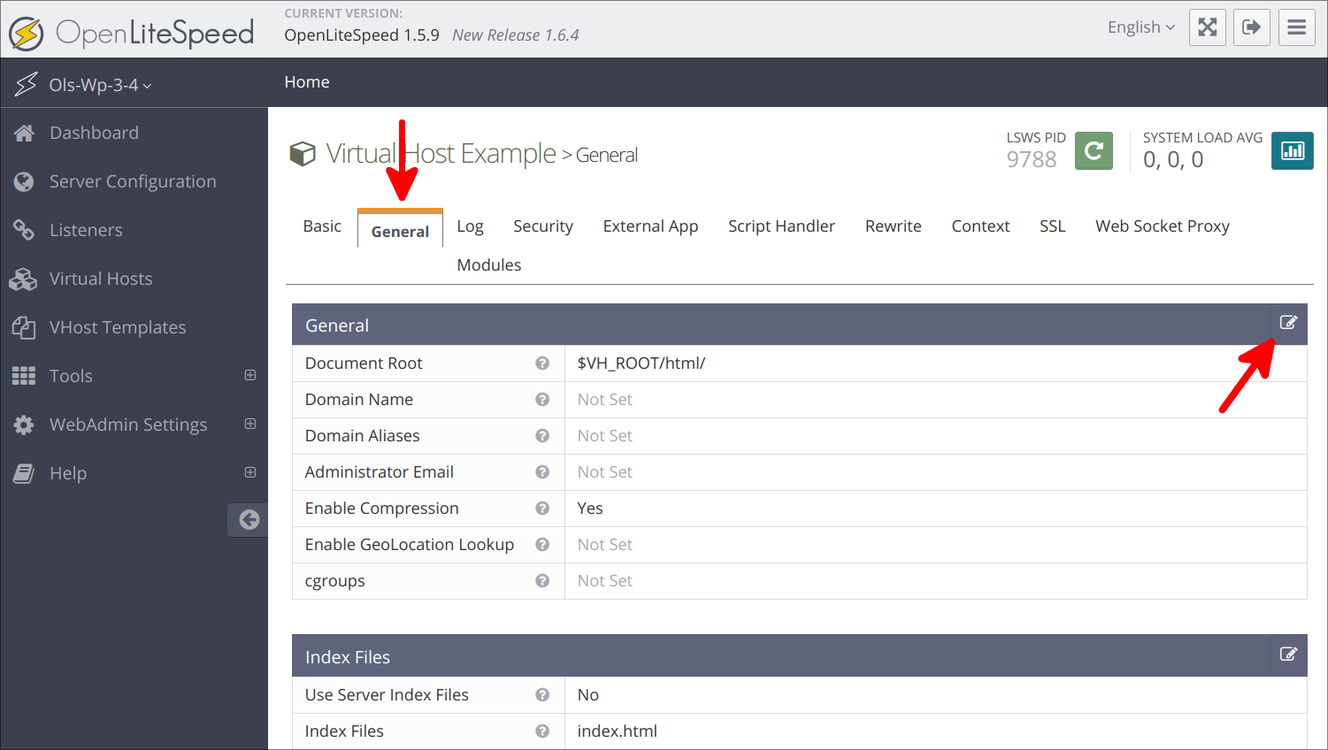 Virtual Hosts General Tab