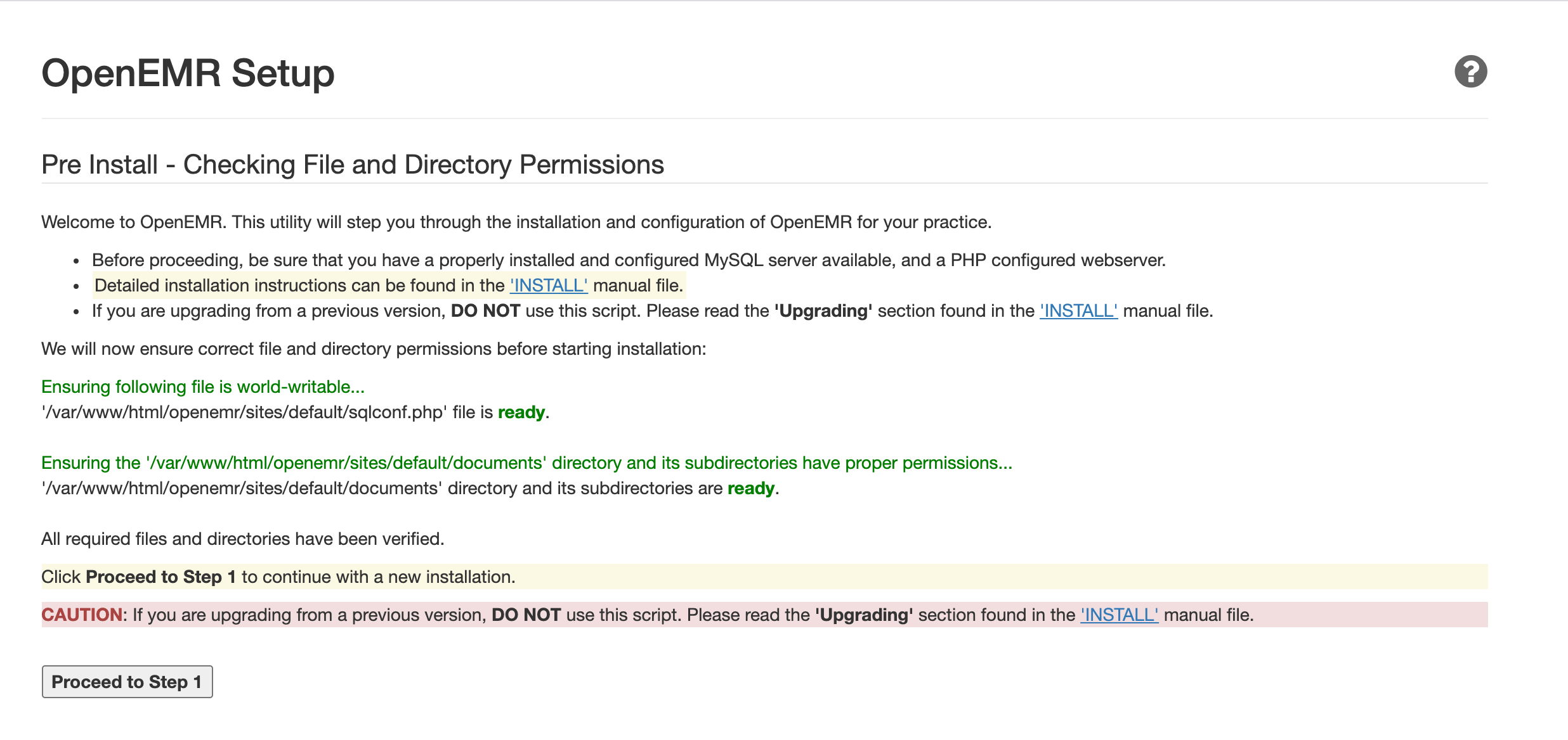 OpenEMR setup page