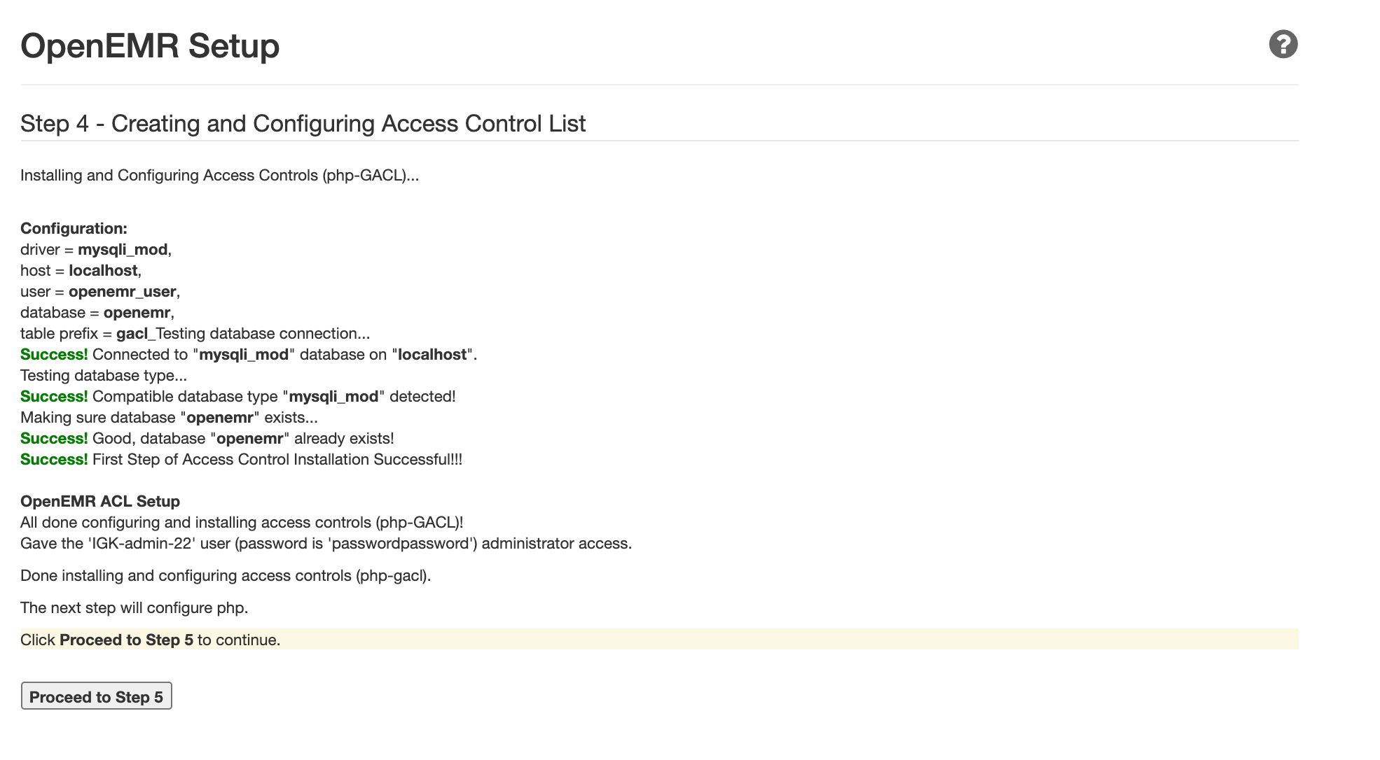OpenEMR setup page — Step 4