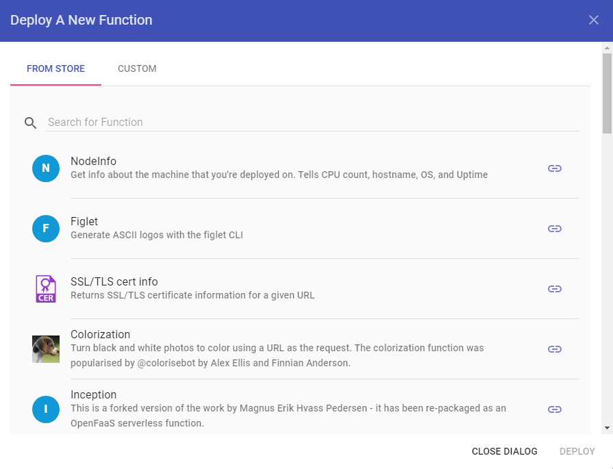 OpenFaaS - Deploy a New Function dialog