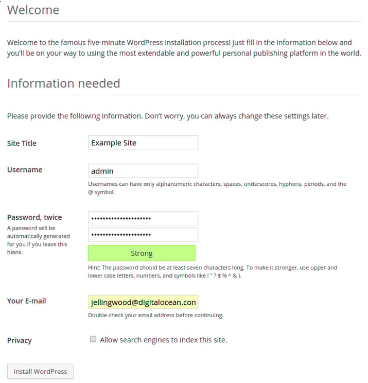 WordPress setup page