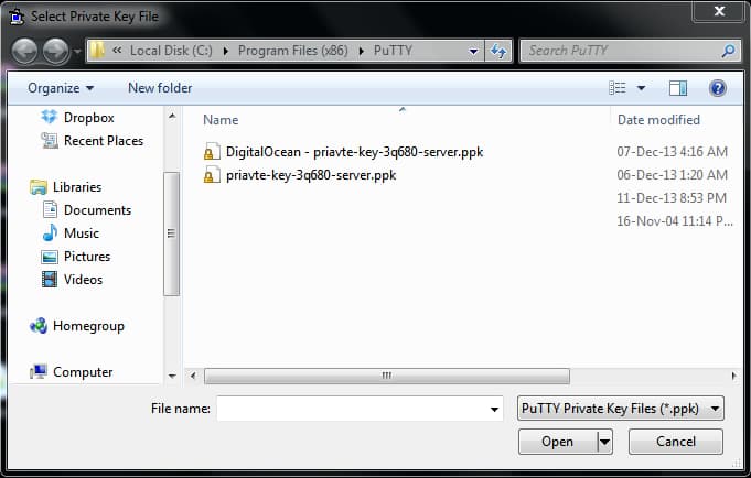 Select .ppk files from the file explorer