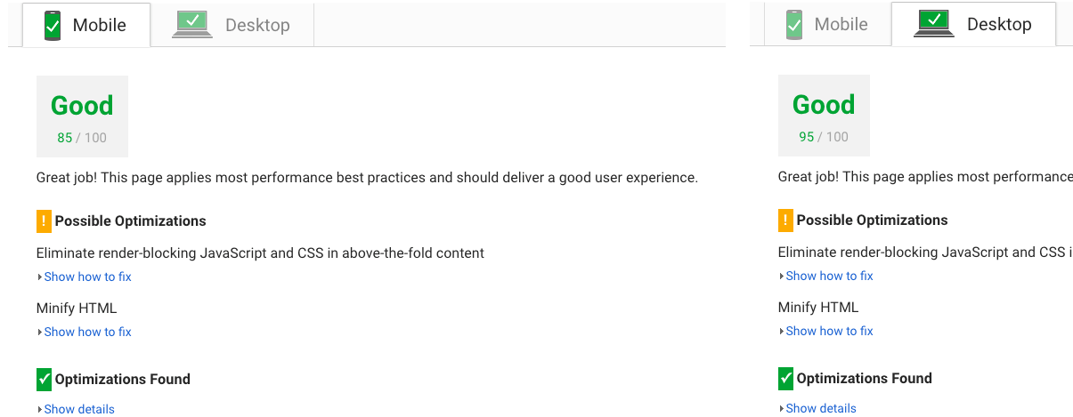 PageSpeed score after optmisations