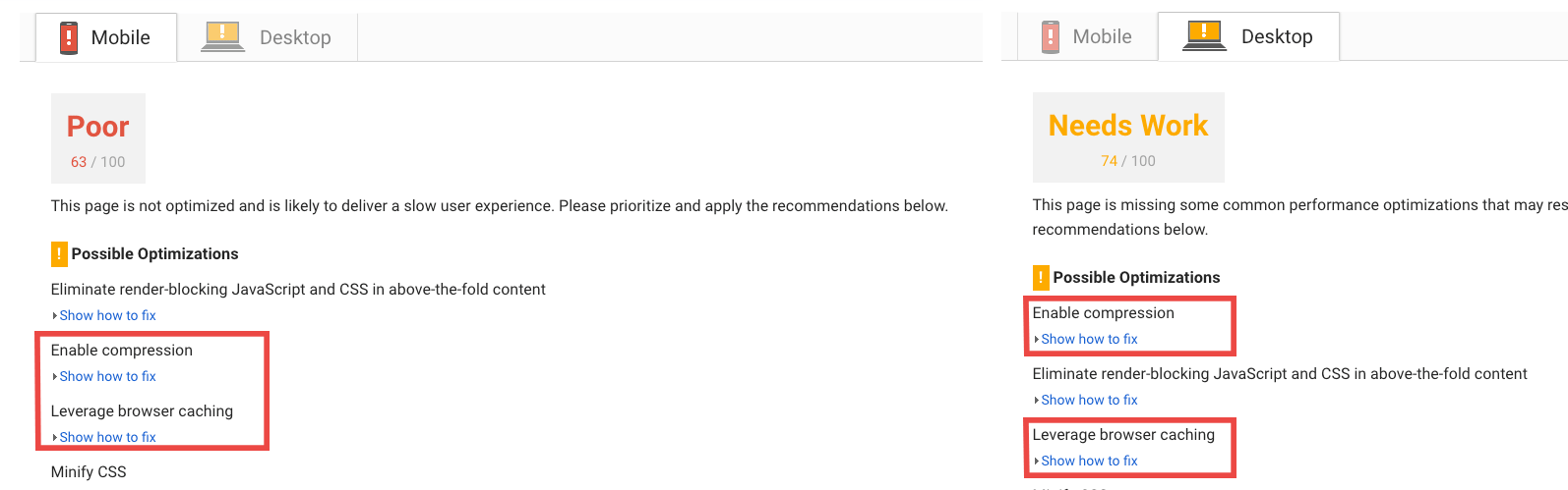 PageSpeed score before optimizations