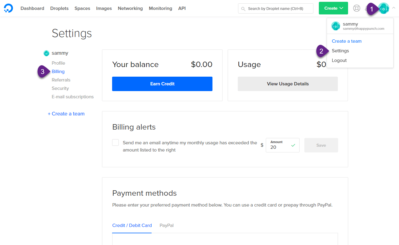 DigitalOcean Billing Page