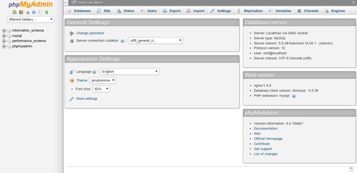 phpMyAdmin admin interface