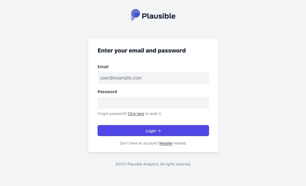 A screenshot of the Plausible login page, with 'Email' and 'Password' textboxes