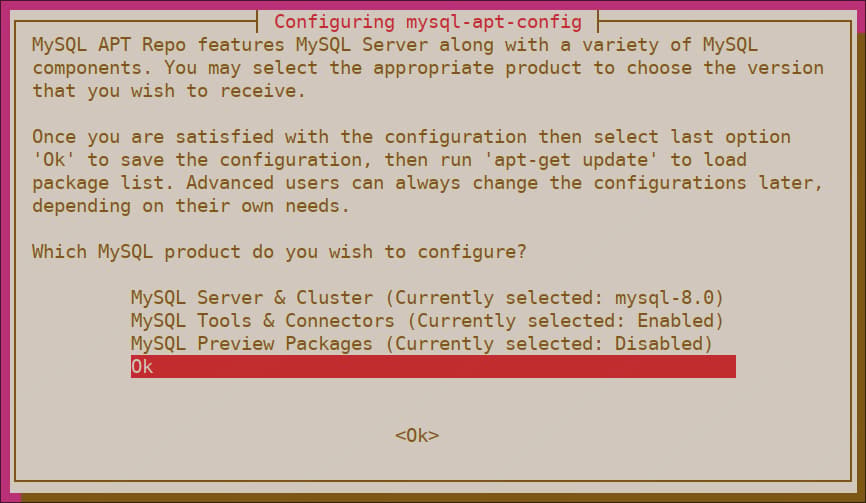 Selecting mysql-apt-config configuration options
