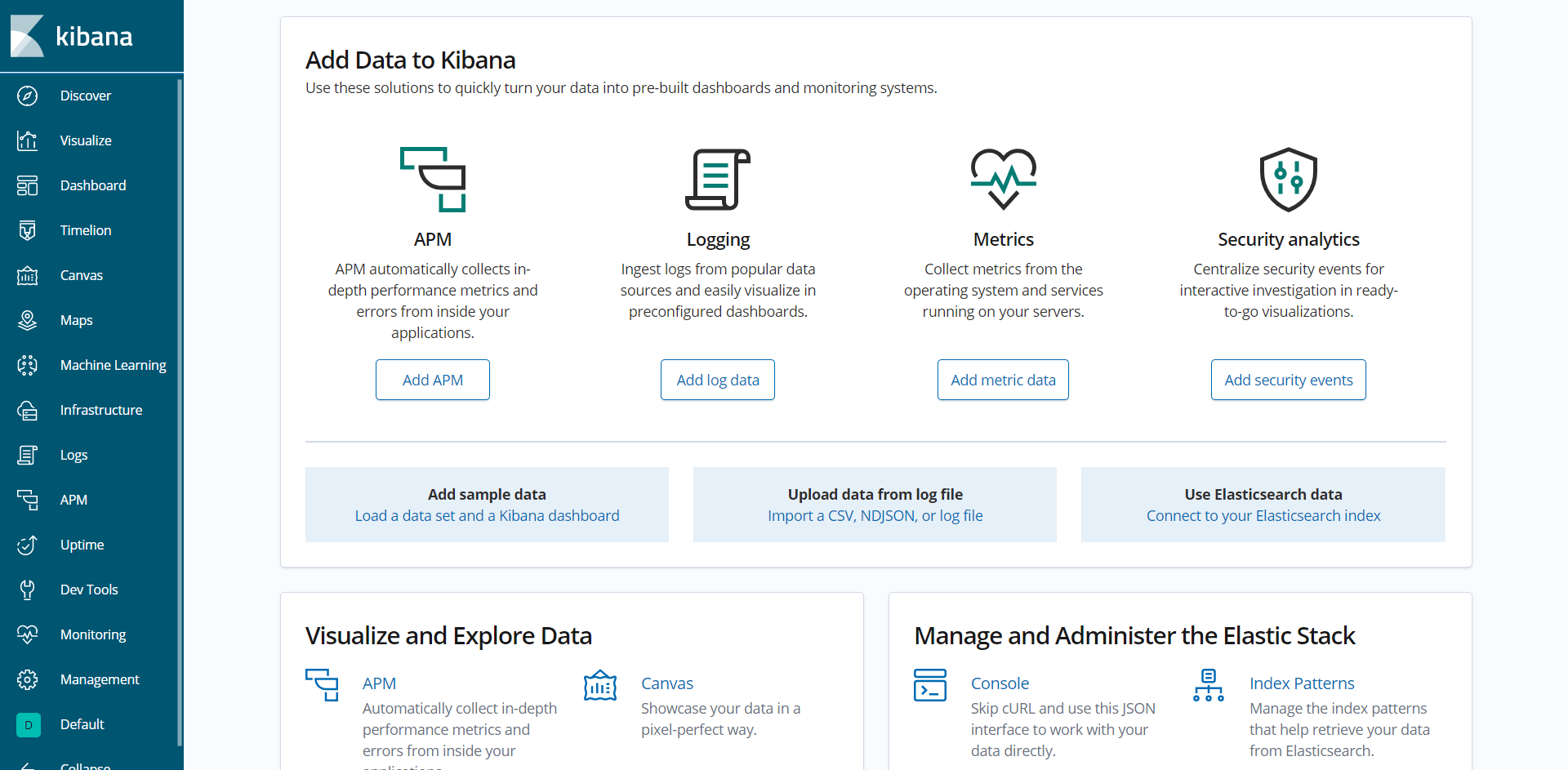 Kibana - Default Welcome Page