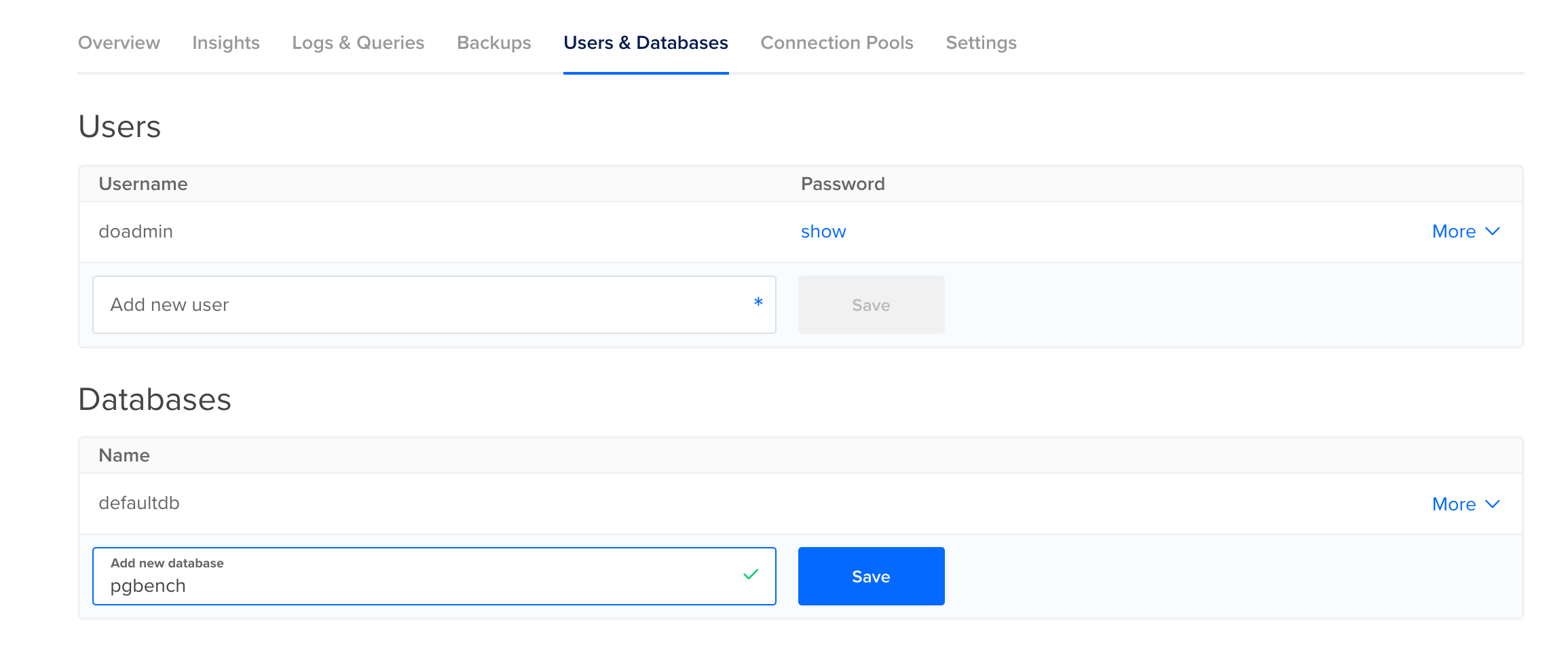 Accessing Databases section in DO control panel