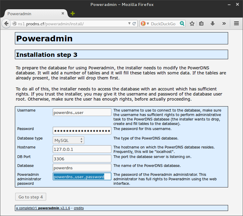 Enter the database connection information and create a new password as explained below