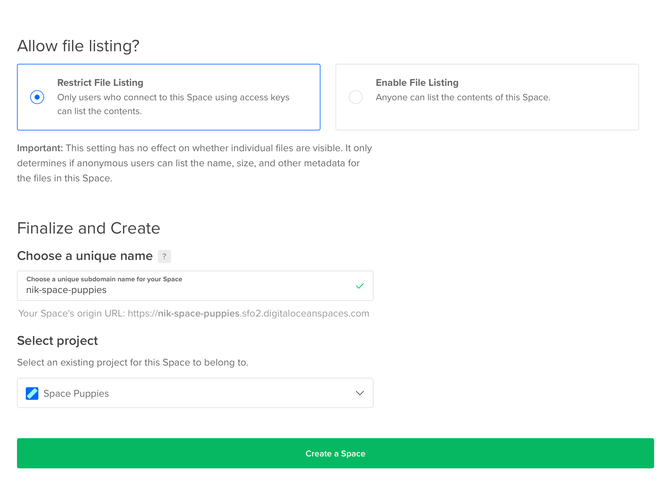 A screenshot of the DigitalOcean create space form with a name filled  in