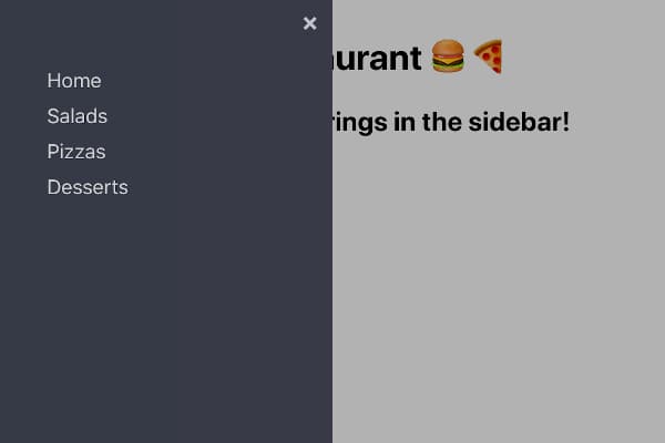 Screenshot of the Cool Restaurant webpage with the sidebar open