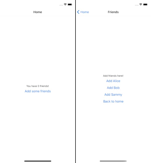 HomeScreen with 0 currentFriends and FriendScreen with 3 possibleFriends