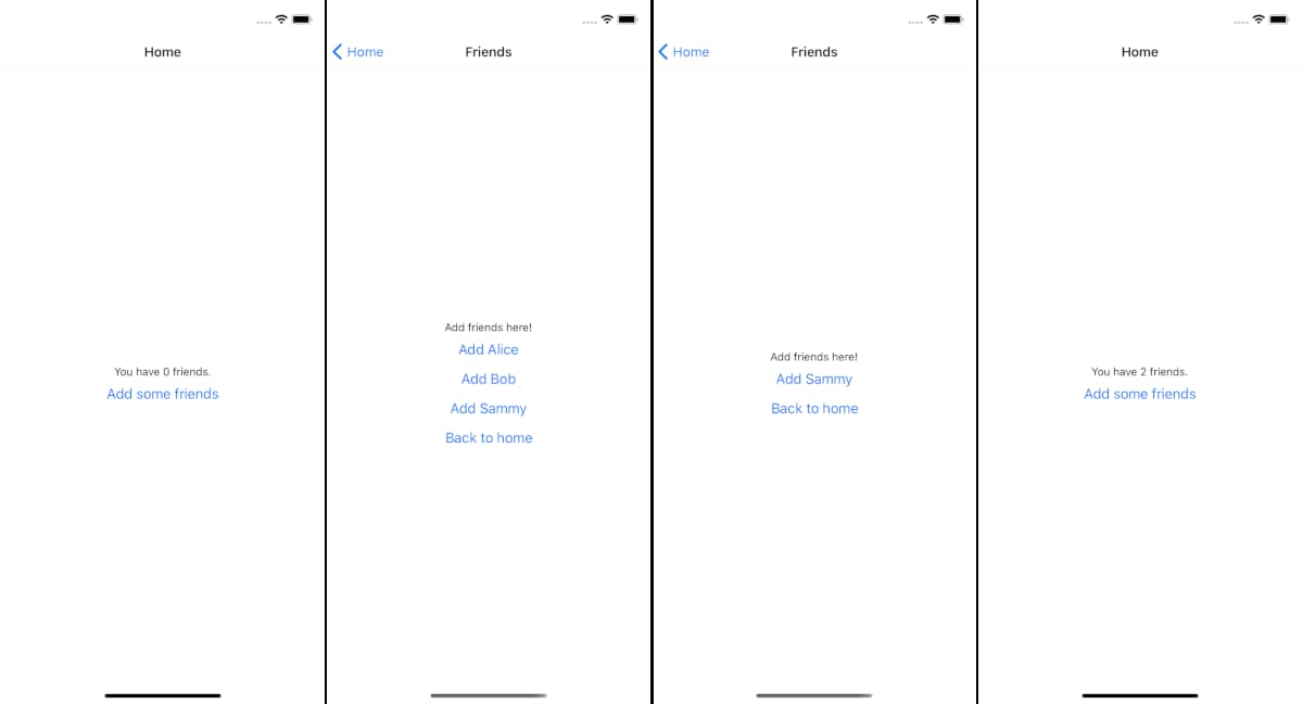 A series of screenshots depicting the HomeScreen and FriendsScreen as a user adds two friends and the array of possible friends and count of current friends channges.