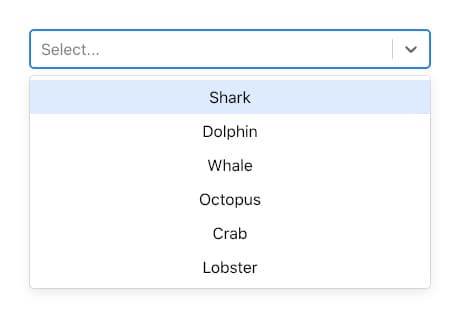 Screenshot of React Select component with aquaticCreatures
