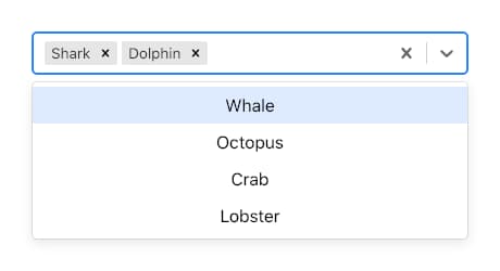 Screenshot of React Select component with Shark and Dolphin options selected