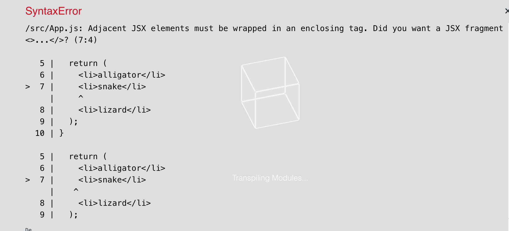 Erreur persistante de React sur des éléments JSX adjacents