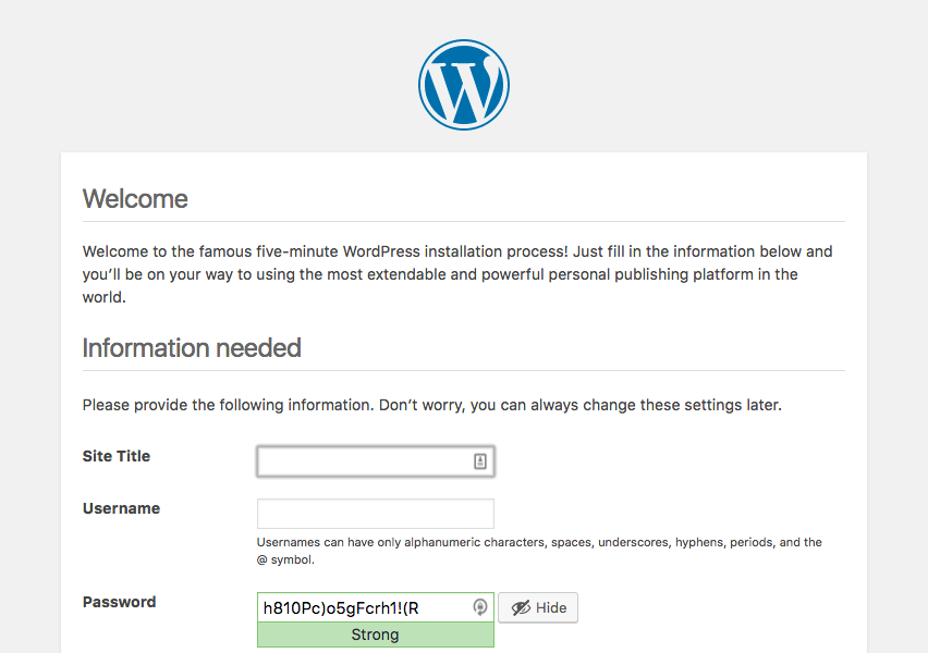 WordPress install screen