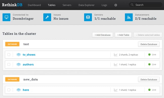 RethinkDB tables page