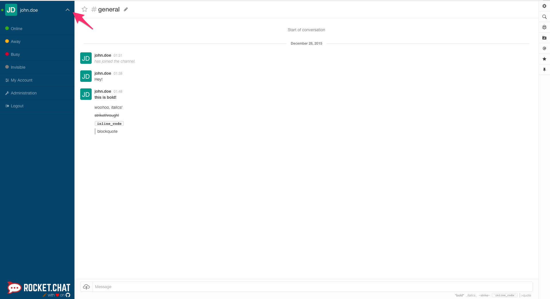 Using this menu, you can set your status, and access things like the Administration menu.