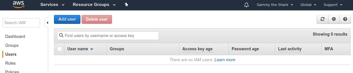 AWS add user button