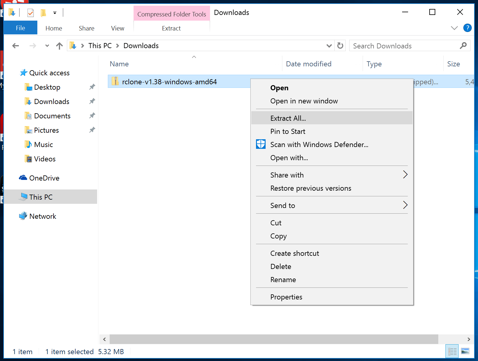 Windows extract rclone zip file