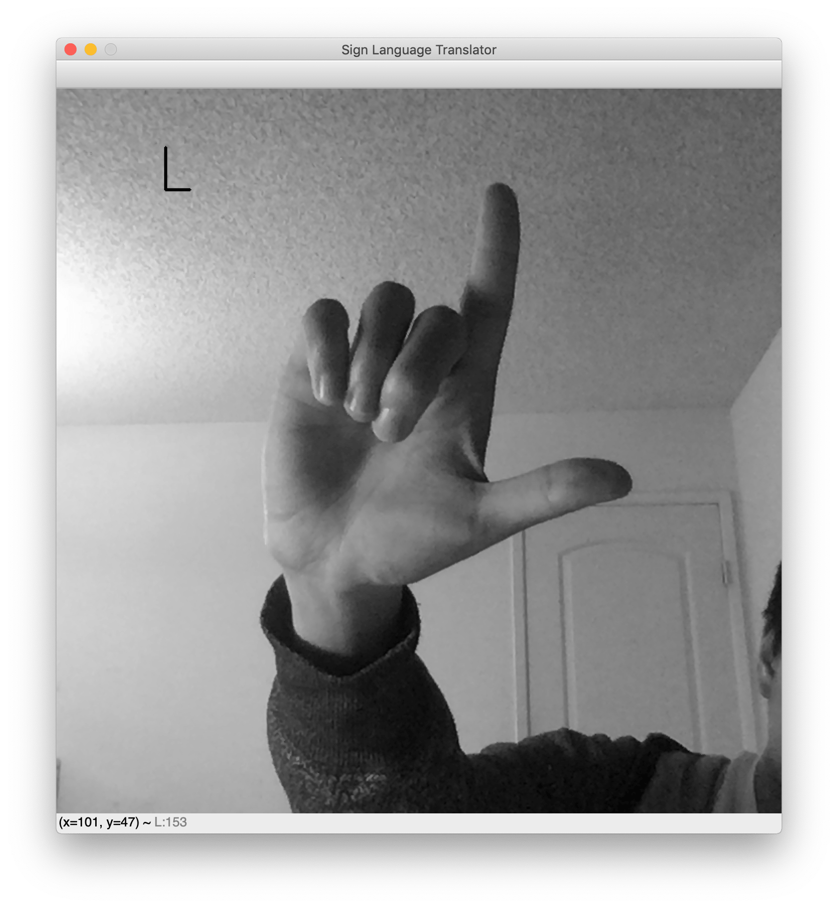 Screenshot of your sample OpenCV program, for sign language 'L'.