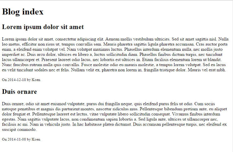 Browser view of the new index page, listing all posts