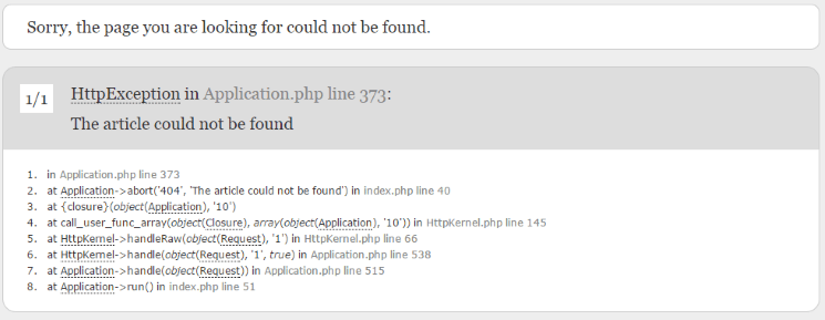 The browser view of a non-existing article error, HttpException