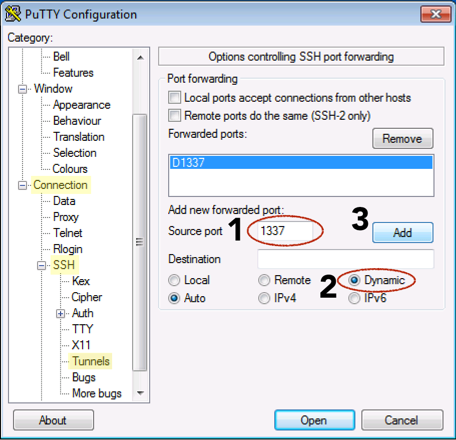 Putty Connection>SSH>Tunnel