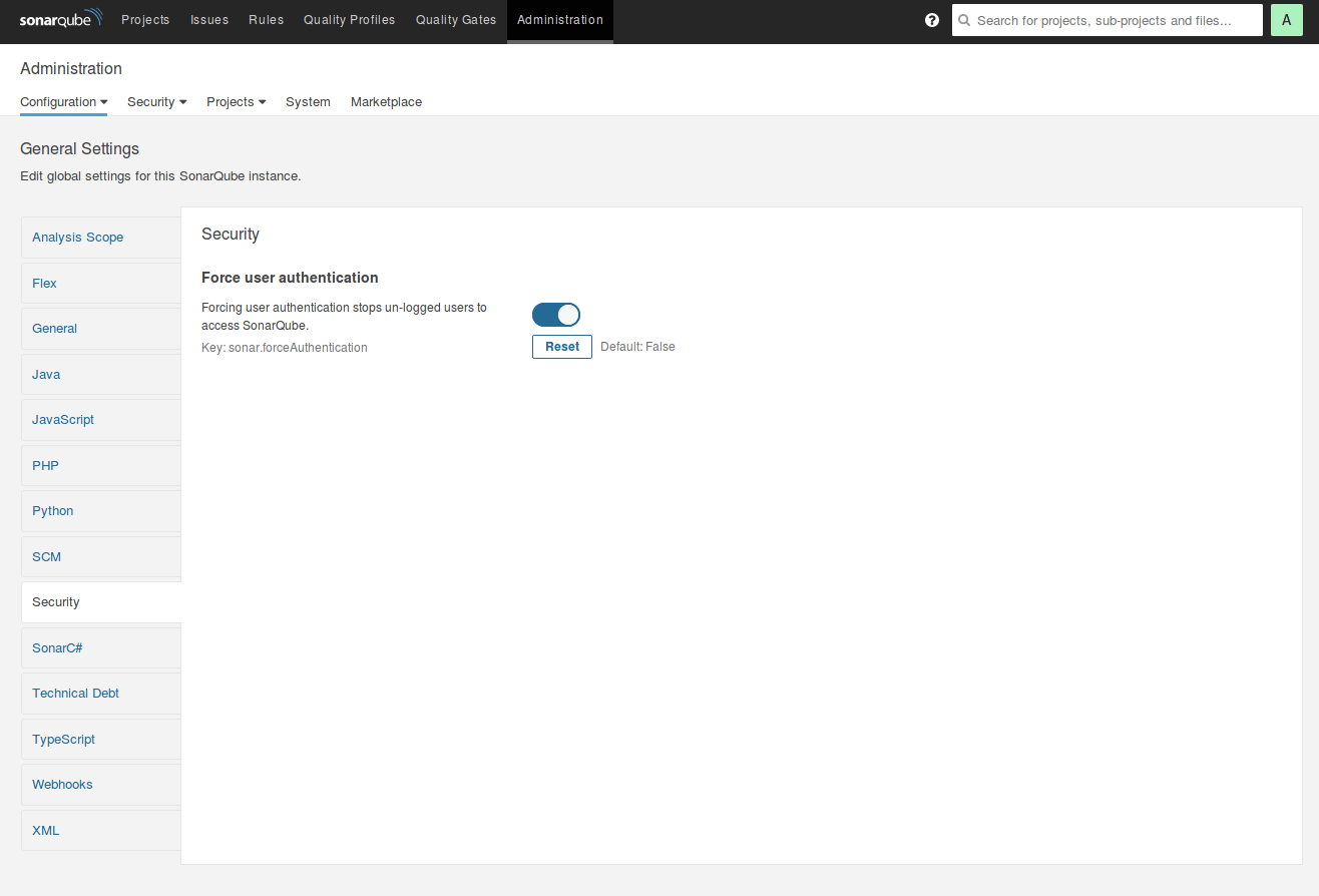 SonarQube Force authentication switch