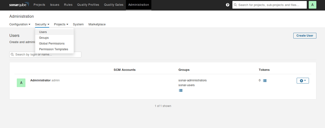 SonarQube users administration tab