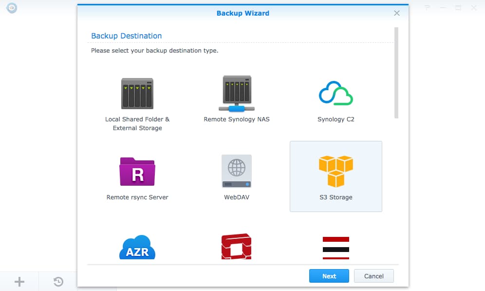 Hyper Backup's Backup Wizard opening screen listing backup destinations