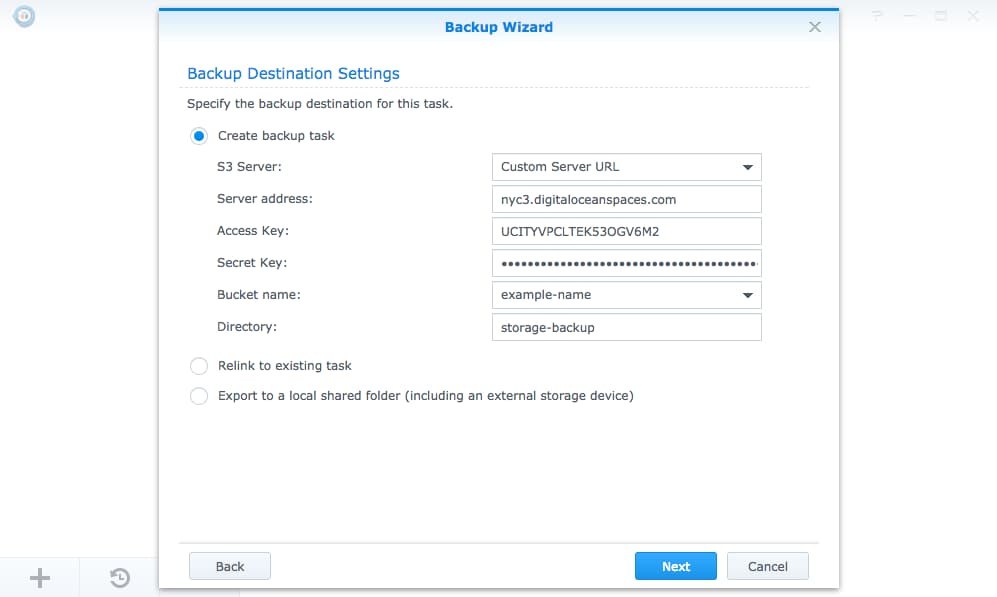 Hyper Backup's Backup Wizard interface for creating a new backup task