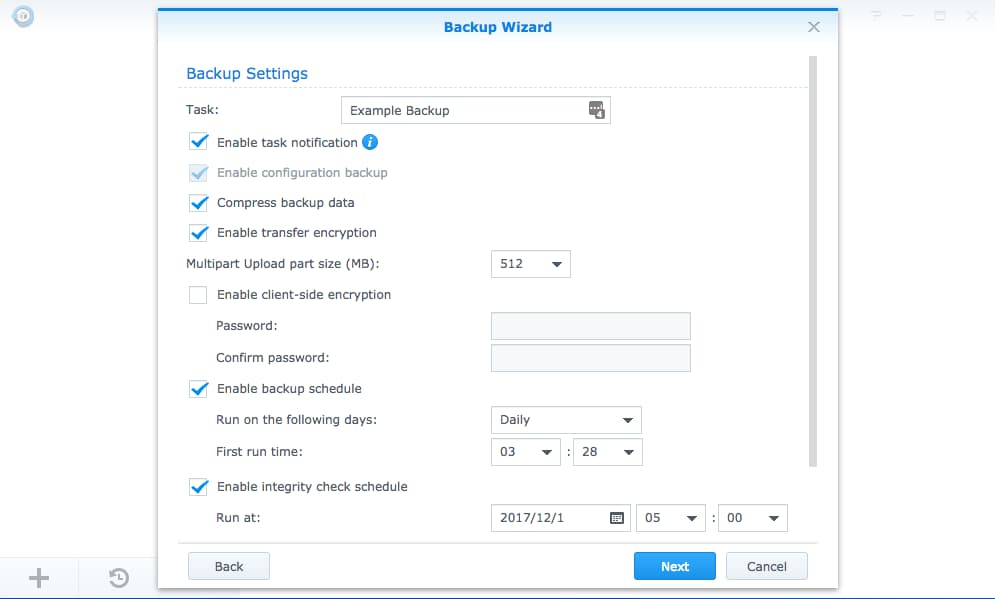 Hyper Backup's Backup Wizard interface for configuring backup options
