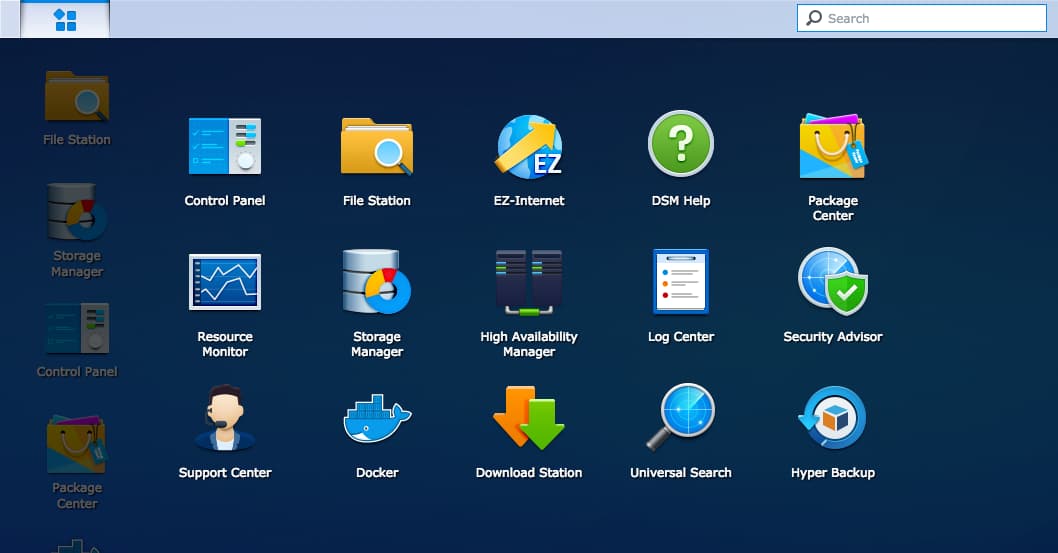 Synology DSM's main menu screen