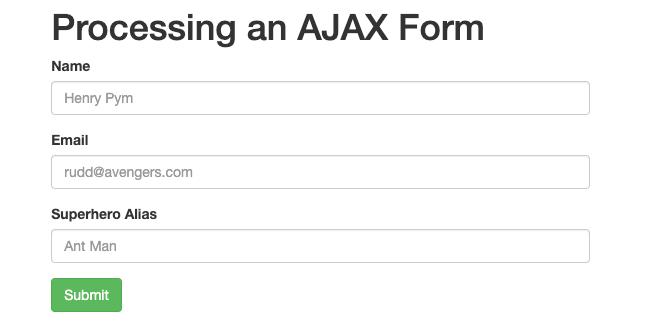 Screenshot of a form with fields for Name, Email, and Superhero Alias.