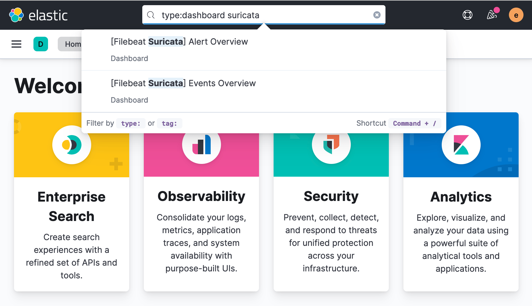 Screenshot of a Browser Using Kibana's Global Search Box to Locate Suricata Dashboards