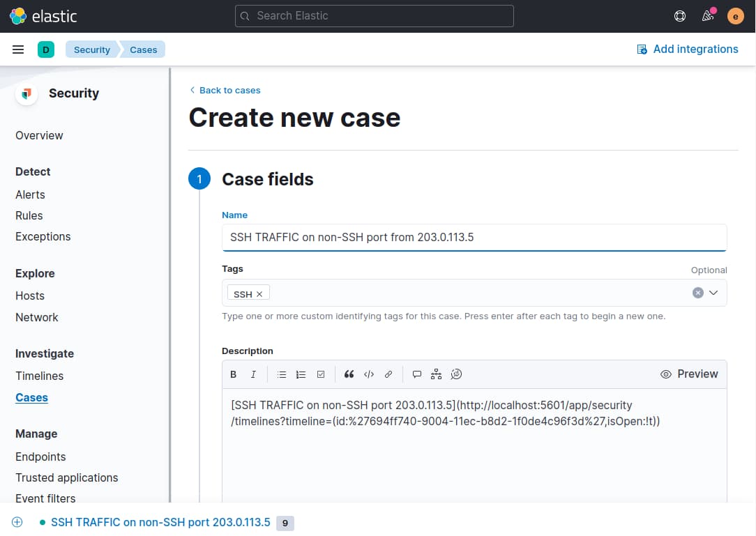 Screenshot of the Create new case page with a link to the timeline in the description field