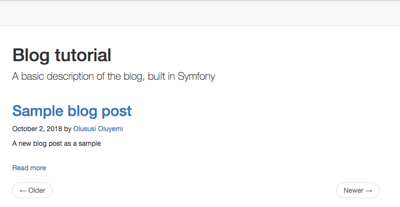 Alt screenshot of the Symfony blog application