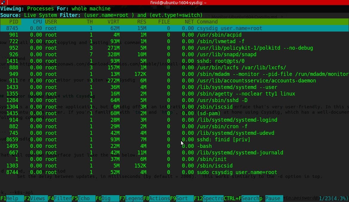 Csysdig data generated by root