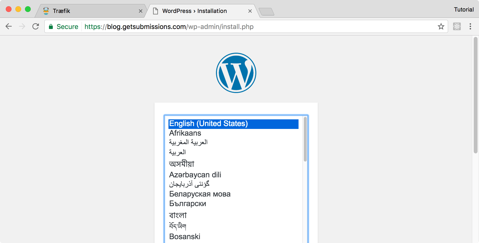 WordPress setup screen