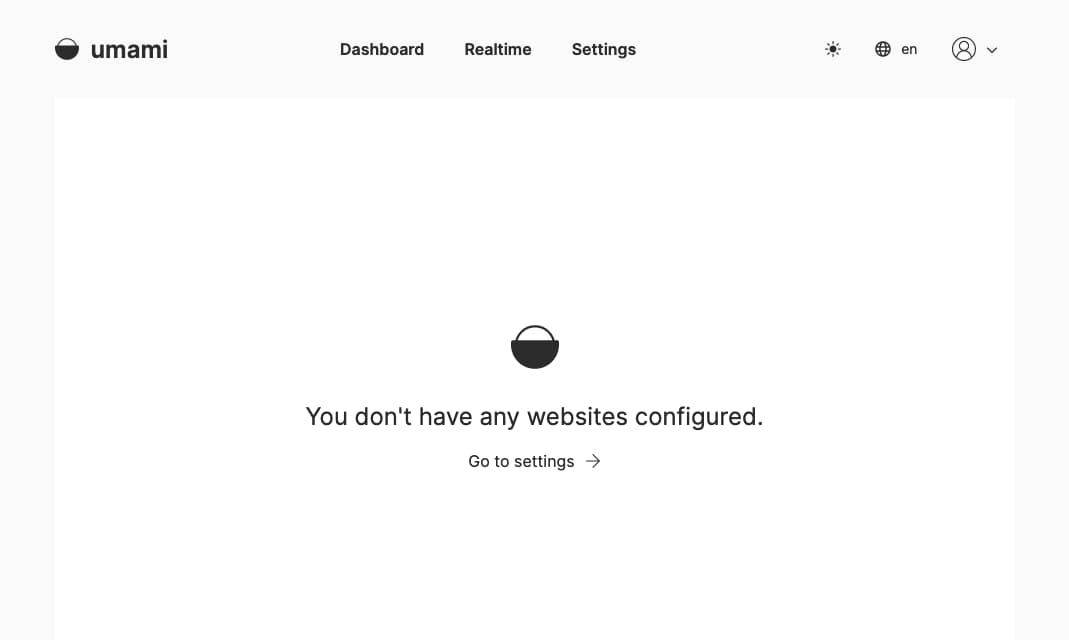 A screenshot of the Umami dashboard after login, showing a "no websites configured" message
