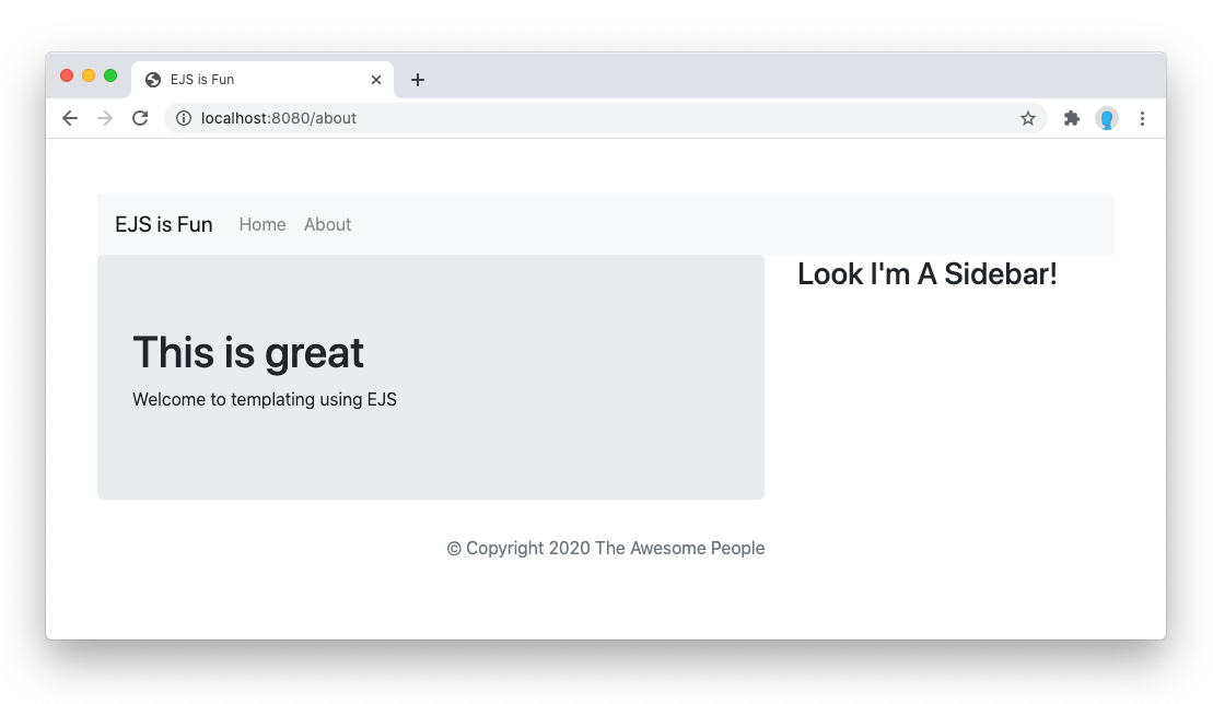 Screenshot of the About page with head, header, and footer partials rendered and sidebar displayed.