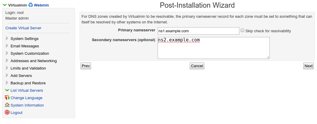 DNS zones and nameservers screen